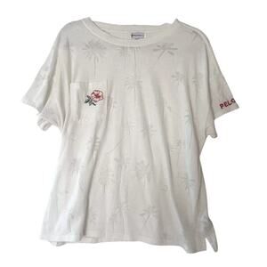 Peloton White Tee Shirt  Women's Large Burnout Palm Tree Print Floral Pocket